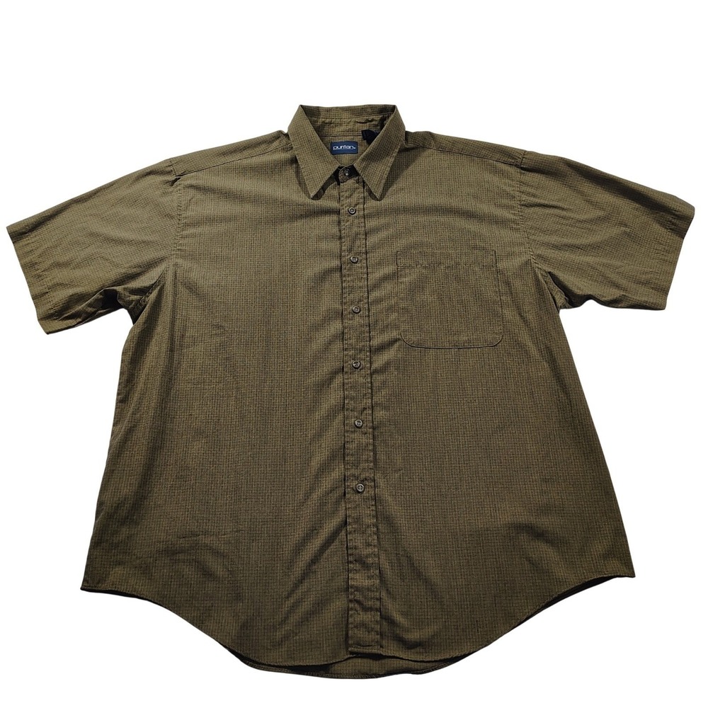 Puritan Mens XL Short Sleeve Button Down Shirt Olive Green Textured Basketweave